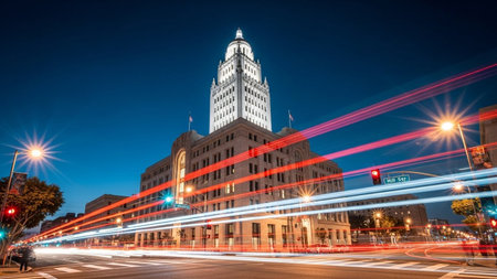 A long exposure shot of Los Angeles City Hall at night, with vibrant red and white light trails from vehicles...の素材