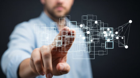 Dots showing man in blue shirt touching digital network of white squares and dots on dark gray background.の素材