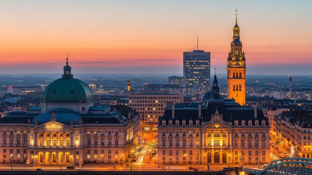 Illuminated historic and modern buildings in Lyon France at dusk with a vibrant orange and pink sky above.の素材