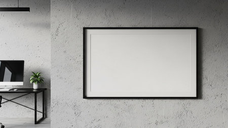 A minimalist office interior a large blank black framed on a textured concrete wall next to a desk.の素材