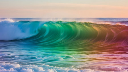 Colorful showing ocean wave crashing with vibrant rainbow colors reflecting across its surface and foamy white crest...の素材