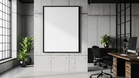showing modern office space with concrete walls and large window featuring a blank poster frame and desk.の素材