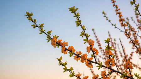 Adorn showing delicate orange blossoms and fresh green leaves adorn slender branches reaching towards a soft...の素材