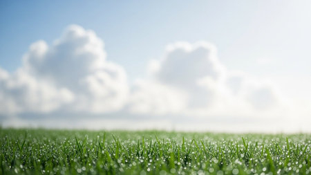 Close-up view of vibrant green grass covered in sparkling dew drops with a soft focus on fluffy white clouds in a...の素材