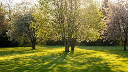 Golden sunlight illuminates a vibrant green lawn with long tree shadows stretching across the manicured grass.の素材