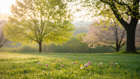 Soft showing lush green meadow with dew drops and wildflowers in soft morning sunlight with trees. resolution...の素材