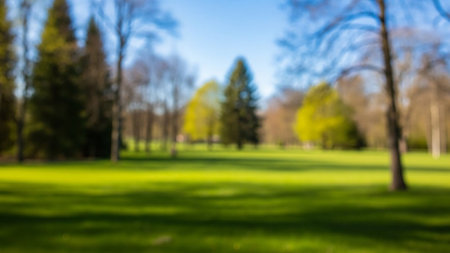Shadows showing blurred green park lawn with trees and shadows under a bright blue sky. resolutionの素材