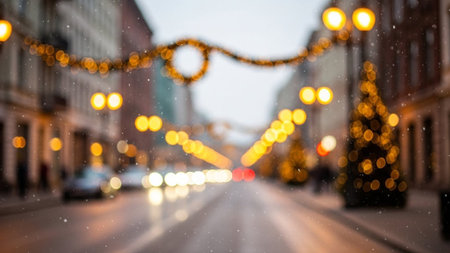 A blurry winter street scene illuminated by glowing Christmas lights and falling snow, creating a warm and festive...の素材