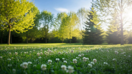 Peaceful showing lush green park lawn with blooming white clover flowers and sunlit trees in the background during...の素材