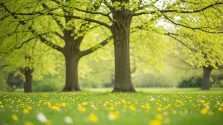 A sunlit park scene with large trees showcasing vibrant green leaves and a ground covered in a dense carpet of...の素材