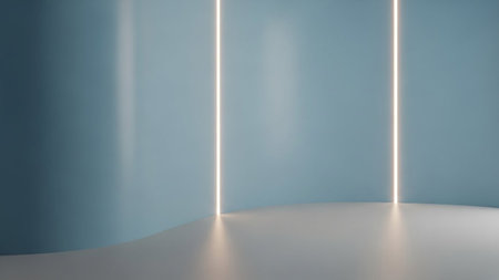 A minimalist interior studio with smooth blue walls and a light grey floor, illuminated by soft vertical warm LED...の素材