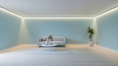 A minimalist living room with light blue walls, a white sofa, and a light wood floor, illuminated by soft ceiling...の素材