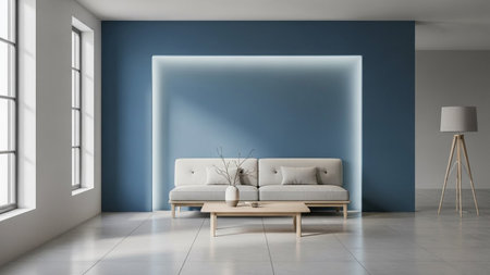 131636 showing minimalist modern living room interior with blue accent wall and backlit recessed frame behind a...の素材