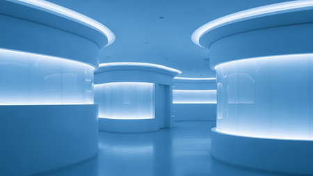 132344 showing modern interior hallway with curved walls illuminated by cool blue led strip lights. resolution...の素材