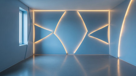 Ambiance. showing modern minimalist interior room with geometric wall and warm led lighting keywords: interior,...の素材