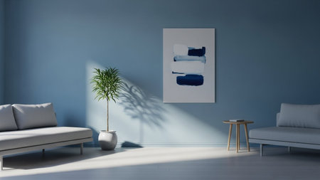 Interior showing modern living room with blue walls and minimalist abstract above a sofa. resolutionの素材