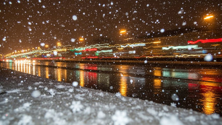 Streaks showing nighttime city street scene with falling snow and blurred car lights creating streaks of red yellow...の素材