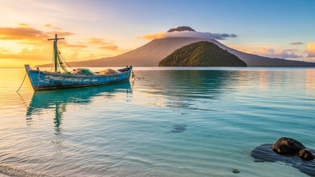 Blue showing old blue fishing boat anchored in calm turquoise water near lush green island and distant volcano at...の素材