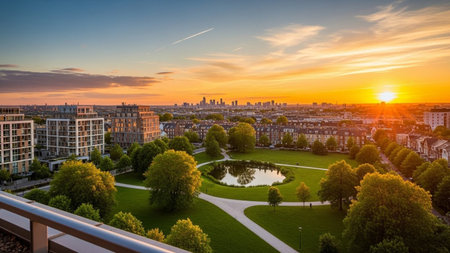 A wide aerial view captures a vibrant green park with a reflective pond and modern buildings under a colorful sunset...の素材