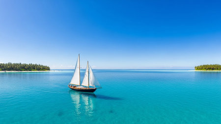 A classic sailboat with white sails navigates calm turquoise waters beneath a vast, clear blue sky.の素材