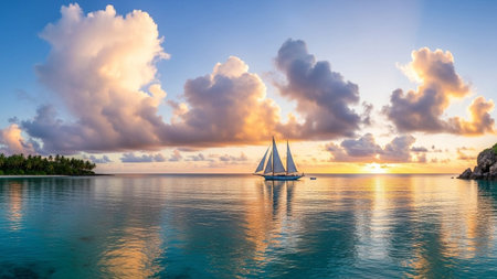 A sailboat glides across calm turquoise ocean waters during a vibrant sunset with dramatic clouds overhead.の素材