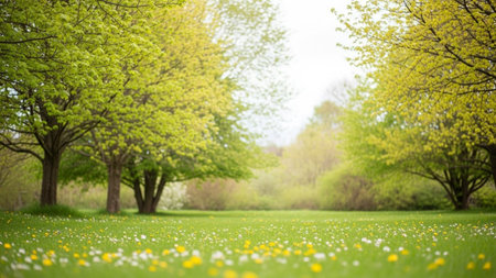 A soft focus view of a green meadow dotted with yellow and white wildflowers beneath the canopy of leafy trees.の素材
