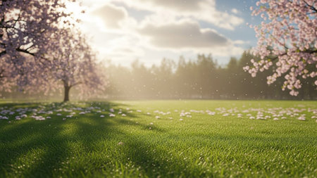 Peaceful showing serene spring meadow with blooming cherry blossom trees and falling petals in soft sunlight...の素材