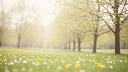 458. showing serene spring meadow with blooming trees and dandelions in soft sunlight keywords: spring, meadow,...の素材