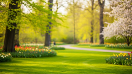 A soft-focus view of a tranquil spring garden with a winding path, vibrant tulips, and blooming trees creating a...の素材