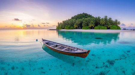 A serene tropical island paradise with a wooden rowboat floating in crystal clear turquoise ocean water.の素材