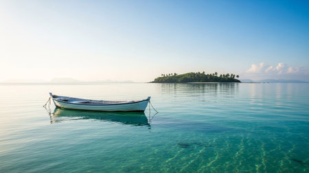 A small white rowboat floats on calm, crystal-clear turquoise water with a lush tropical island in the distance.の素材