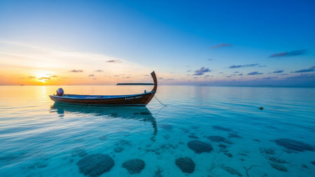 A traditional wooden boat floats on calm, clear turquoise water during a vibrant tropical sunset with distant islands.の素材