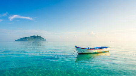 Water showing small white and blue rowboat floats on calm, crystal clear turquoise ocean water with a small green...の素材