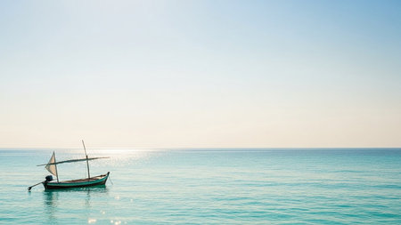 A small sailboat drifts on calm, turquoise ocean water beneath a clear, expansive blue sky with a bright horizon.の素材