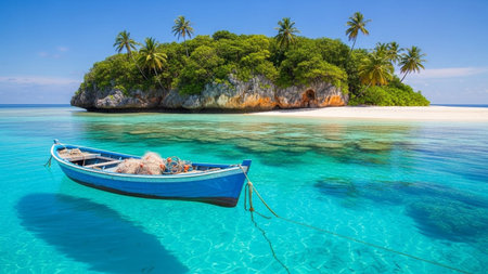 A vibrant blue wooden boat floats in crystal clear turquoise water near a small tropical island with white sand...の素材