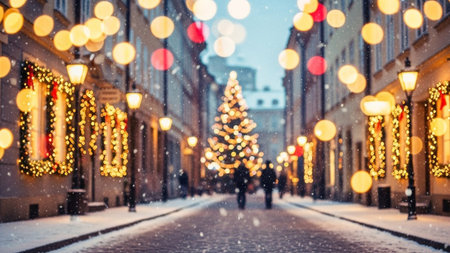 A snow-covered European street is adorned with festive Christmas lights and a decorated tree, creating a magical...の素材