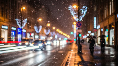 A bustling city street at night during snowfall, with blurred car lights, festive heart decorations, and pedestrians...の素材