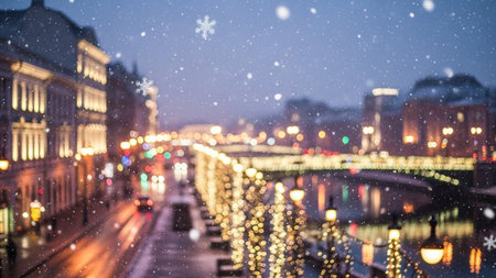 A snowy winter evening in a city with illuminated buildings and streetlights, creating a festive and atmospheric...の素材