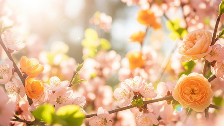 A soft focus close-up of delicate pink and orange blossoms and green leaves, with warm sunlight filtering through,...の素材