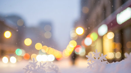 Blurred city lights and falling snow create a magical bokeh effect in this winter night scene with decorative...の素材