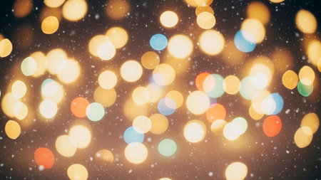 Soft focus bokeh lights in warm yellow orange and red hues with scattered blue and green dots and falling snow...の素材