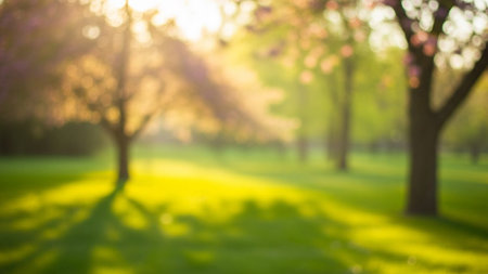 Soft focus park scene with dappled sunlight filtering through trees onto a vibrant green grassy field, creating a...の素材