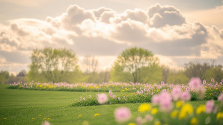 A serene meadow filled with vibrant pink and yellow wildflowers, bathed in soft golden light under a sky with...の素材