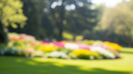 Focus showing soft focus garden scene with a vibrant flower bed and blurred green trees in sunlight. resolution...の素材