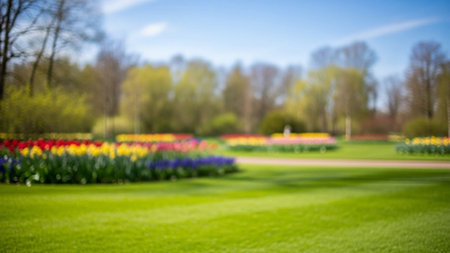 A softly focused park scene vibrant rows of red, yellow, and purple tulips blooming in flower beds, with lush green...の素材