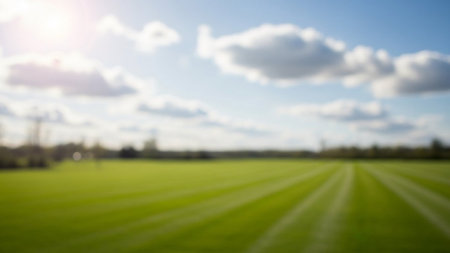 A blurred green grassy field under a bright blue sky with fluffy white clouds and soft sunlight, creating a serene...の素材