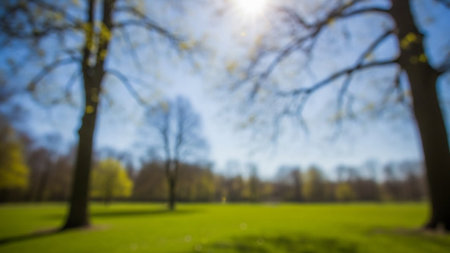 Focus showing soft focus view of a sunlit park with green grass and silhouetted trees against a bright blue sky...の素材