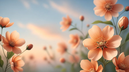 Delicate peach-colored flowers with soft focus and bokeh against a dreamy pastel sky with wispy clouds.の素材
