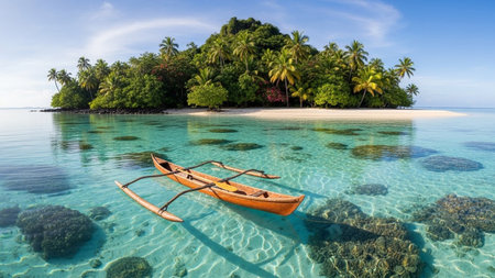 Beach showing traditional outrigger canoe floats on crystal clear turquoise water near a lush tropical island with...の素材