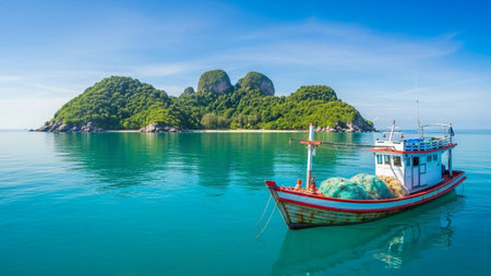 A traditional wooden fishing boat with nets rests on calm turquoise ocean waters near a verdant, mountainous...の素材